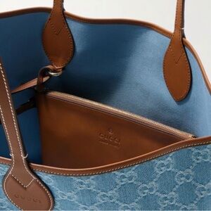 GUCCI Women's Totissima Large Blue Denim-Jacquard reversible Trimmed tote bag